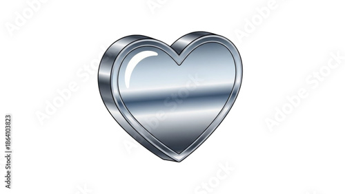 A silver heart-shaped object with a reflective surface is centered against a plain white background.