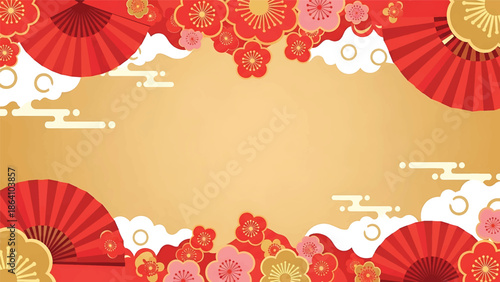 Elegant Chinese New Year vector banner featuring traditional folding fans, stylized clouds, and floral ornaments with clean copy space for festive greetings and advertising use