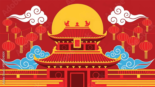 Chinese New Year vector poster with traditional Chinese temple facade, hanging lanterns, clouds, and festive ornaments, ideal for cultural celebration banners and holiday promotions