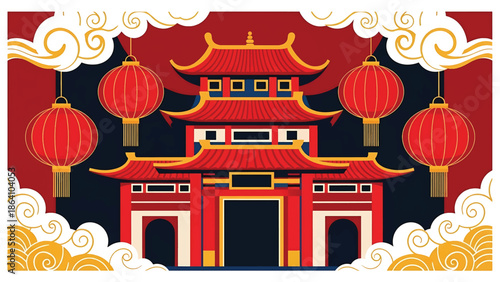 Chinese New Year vector poster with traditional Chinese temple facade, hanging lanterns, clouds, and festive ornaments, ideal for cultural celebration banners and holiday promotions