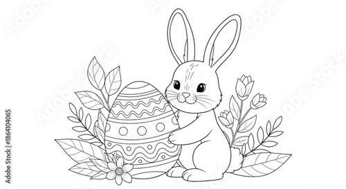 Easter-themed coloring page featuring a cute bunny rabbit next to a large, decorated Easter egg, surrounded by leaves and flowers.