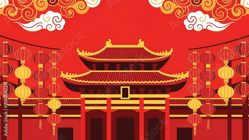 Chinese New Year vector poster with traditional Chinese temple facade, hanging lanterns, clouds, and festive ornaments, ideal for cultural celebration banners and holiday promotions
