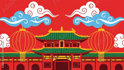 Chinese New Year vector poster with traditional Chinese temple facade, hanging lanterns, clouds, and festive ornaments, ideal for cultural celebration banners and holiday promotions