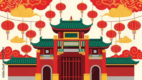 Chinese New Year vector poster with traditional Chinese temple facade, hanging lanterns, clouds, and festive ornaments, ideal for cultural celebration banners and holiday promotions