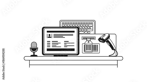 Cashier desk with POS system icon, retail checkout counter illustration, barcode scanner and computer vector.
