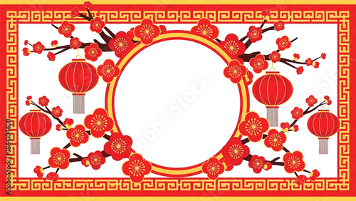Ornate Chinese New Year vector background with red and gold palette, plum blossoms, lanterns, and geometric borders, perfect decorative frame for festive greetings and posters