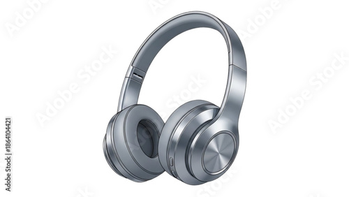 A pair of silver headphones displayed against a white background from a slightly angled viewpoint