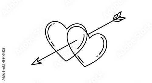 Simple line art icon of two overlapping hearts pierced by a single arrow, symbolizing love, romance, and Valentine's Day.