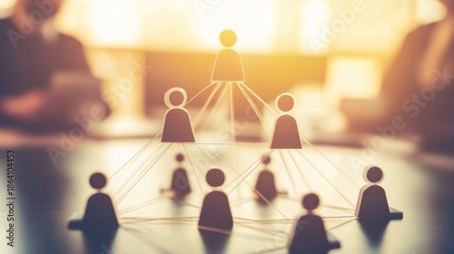 Concept of organizational structure showing teamwork and business workflow with a focus on hierarchical departments in a modern office setting