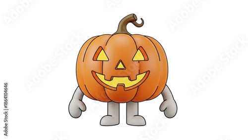 A cartoon pumpkin character with a carved face and limbs standing alone against a white background