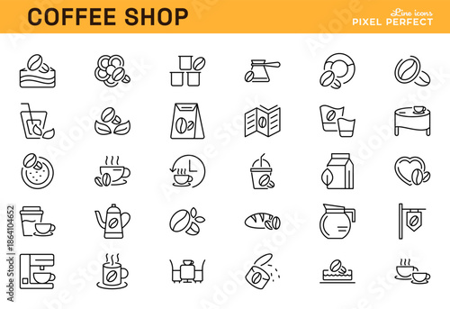 Coffee shop icon set. Espresso, latte, beverage, cafe, tea, juice, cup, mug, caffeine, breakfast, soda, bar, restaurant, thin line icon pack.