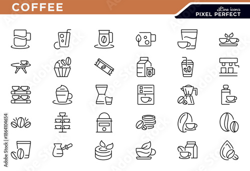 Coffee line icon set. Roaster, maker machine, beans, espresso cup outline icon set