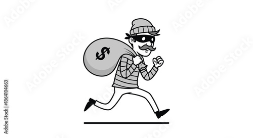 Monochrome cartoon illustration of a classic burglar with a mask and mustache, running away while carrying a large money bag.