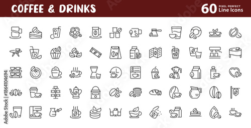 Coffee and Drinks line icon collection. Tea, coffee bean, hot, mug, machine, organic, caffeine, outline icons. Vector illustration