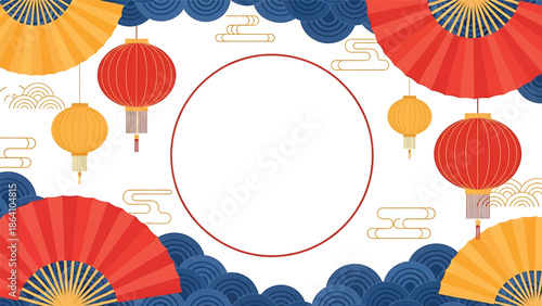 Decorative Chinese New Year vector greeting card design with fan motifs, lanterns, and wave patterns framing central copy space for festive messages and branding