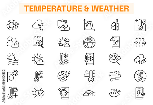Temperature and weather line icons. Air cooling, high temperature, compass, sun, cloud vector icons