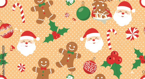 Cute Christmas seamless pattern with Santa Claus faces, gingerbread men, candy canes, ornaments, and holly on a dotted orange background.
