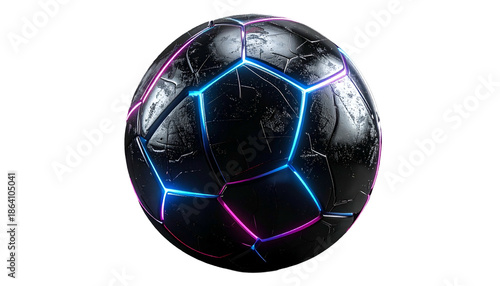 Metallic soccer ball with cracked surface illuminated by blue and pink glowing lines against a stark black background