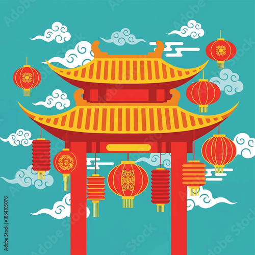 Chinese New Year vector background featuring traditional roof architecture, hanging lanterns, and decorative clouds, ideal cultural illustration for festive banners and posters