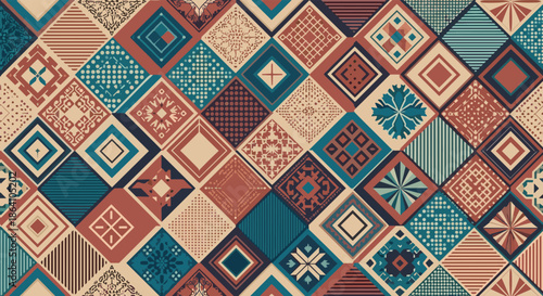 Colorful seamless pattern of geometric tiles in a patchwork quilt style, featuring various ethnic and ornamental diamond shapes.