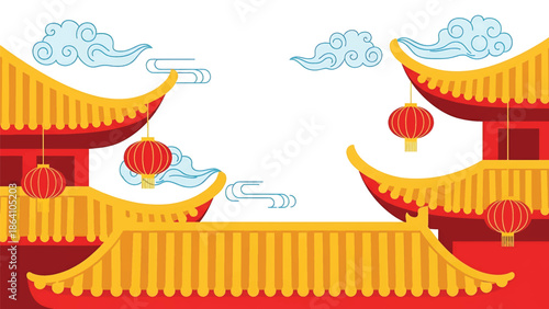 Chinese New Year vector background featuring traditional roof architecture, hanging lanterns, and decorative clouds, ideal cultural illustration for festive banners and posters