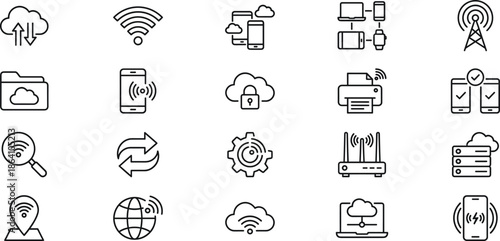 Cloud networking and wireless connectivity line icon set featuring wifi mobile devices servers routers security synchronization and internet technology systems