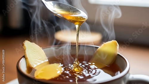 Sweetening Warm Ginger Tea with Golden Honey Drizzled from a Spoon into a Steaming Mug