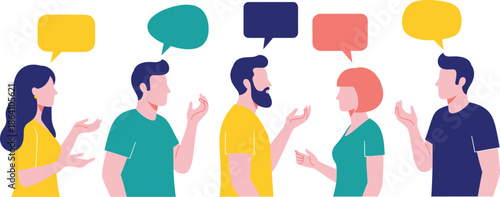 People communication and discussion vector illustration with speech bubbles showing conversation dialogue teamwork and social interaction