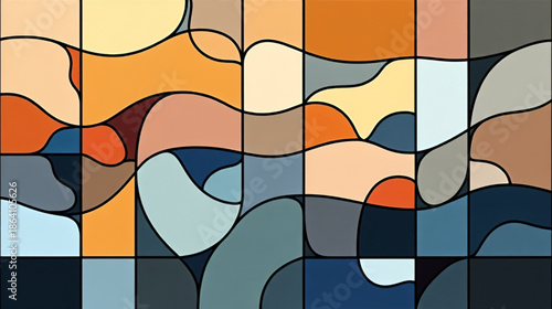 Abstract modern background with flowing organic shapes, grid layout and muted colo