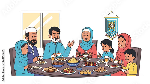 Muslim family enjoying a festive meal together during Eid al-Fitr celebration.