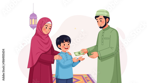 Muslim family celebrating Eid al-Fitr father giving money to his son mother watching with love.