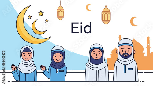 Muslim family celebrating Eid al-Fitr together.