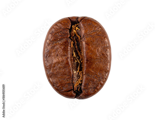 A close-up view of a roasted, brown coffee bean isolated against a stark black backdrop