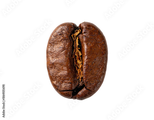 Macro shot of a single roasted coffee bean, isolated against a solid black background (1)