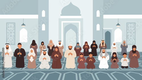 Diverse Muslim community praying together in a mosque.