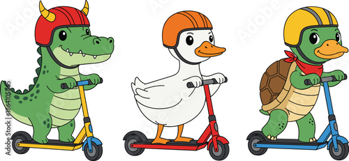 Cute animal characters riding scooters with helmets cartoon kids transportation vector illustration