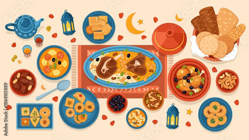 Traditional Iftar Feast with Delicious Dishes and Desserts.