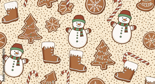 Festive seamless Christmas pattern with decorated gingerbread cookies like snowmen, trees, and boots on a dotted beige background.