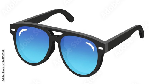 A pair of black sunglasses with blue lenses against a plain white background