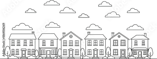 Suburban neighborhood houses line art vector illustration with residential homes street clouds and minimal outline style