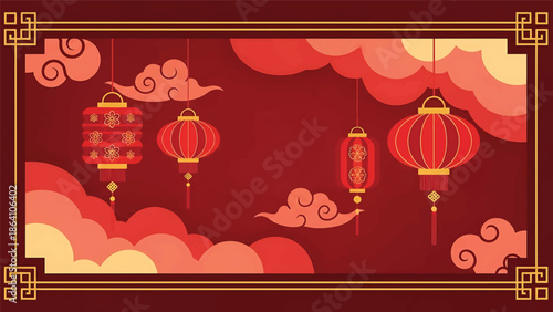 Elegant Chinese New Year vector banner with layered clouds, hanging lanterns, and geometric borders, modern festive background ideal for ads and promotions