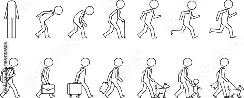 Stick figure walking sequence vector illustration showing human movement steps carrying luggage and walking dog actions