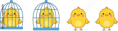 Obraz na plátne Cute baby chick characters inside cage and free standing cartoon farm animal vec