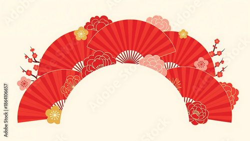 Chinese New Year vector background featuring red fans and floral patterns forming semi-circular decorative frame, elegant festive layout for posters and greetings