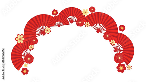 Chinese New Year vector background featuring red fans and floral patterns forming semi-circular decorative frame, elegant festive layout for posters and greetings