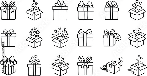 Collection of various gift boxes with bows and ribbons in a line