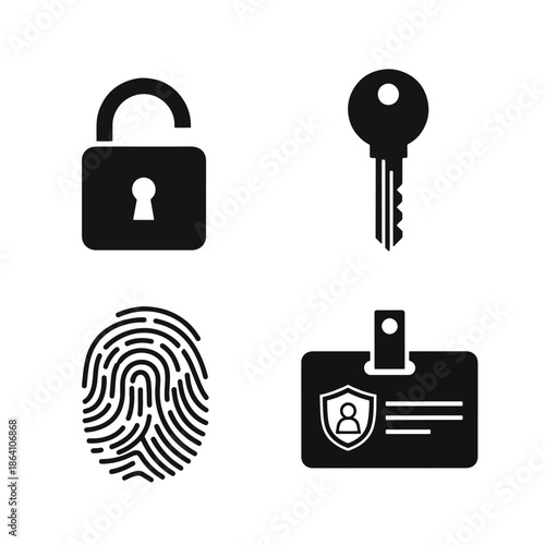 Four black and white of security methods including an unlocked padlock, a key, a fingerprint, and an I D card