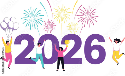 Happy New Year 2026 celebration vector illustration with people fireworks balloons trophy and festive party mood