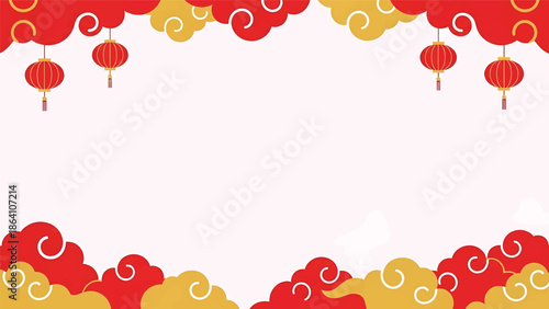 Chinese New Year horizontal vector banner with traditional cloud motifs, lantern accents, and clean central copy space, ideal festive design for web and print