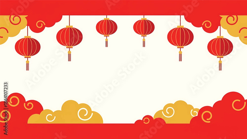 Chinese New Year horizontal vector banner with traditional cloud motifs, lantern accents, and clean central copy space, ideal festive design for web and print